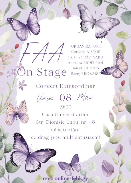 Concertul FAA On Stage va avea loc în data de 8 mai 2026, începând cu orele 19.00, la Casa Universitarilor, Sala de Spectacole, Strada Dionisie Lupu nr 46