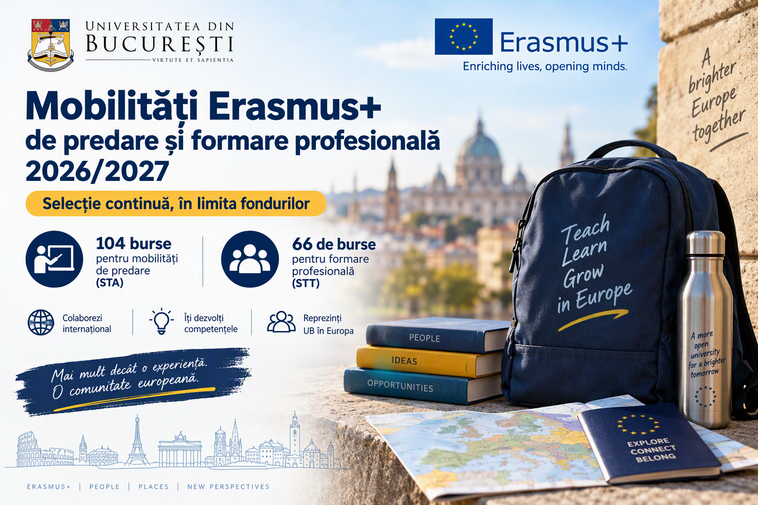 Mobilități Erasmus+ de predare și formare profesională 2026/2027. Selecție continuă, în limita fondurilor